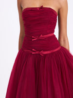 Mabel Burgundy Drop Waist Layered Mesh Midi Puffy Dress with Bow Miss Circle
