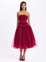 Mabel Burgundy Drop Waist Layered Mesh Midi Puffy Dress with Bow Miss Circle