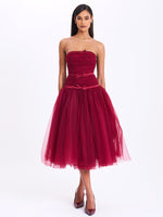 Mabel Burgundy Drop Waist Layered Mesh Midi Puffy Dress with Bow Miss Circle