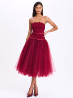 Mabel Burgundy Drop Waist Layered Mesh Midi Puffy Dress with Bow Miss Circle