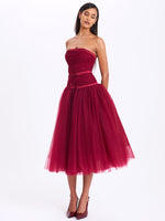 Mabel Burgundy Drop Waist Layered Mesh Midi Puffy Dress with Bow Miss Circle