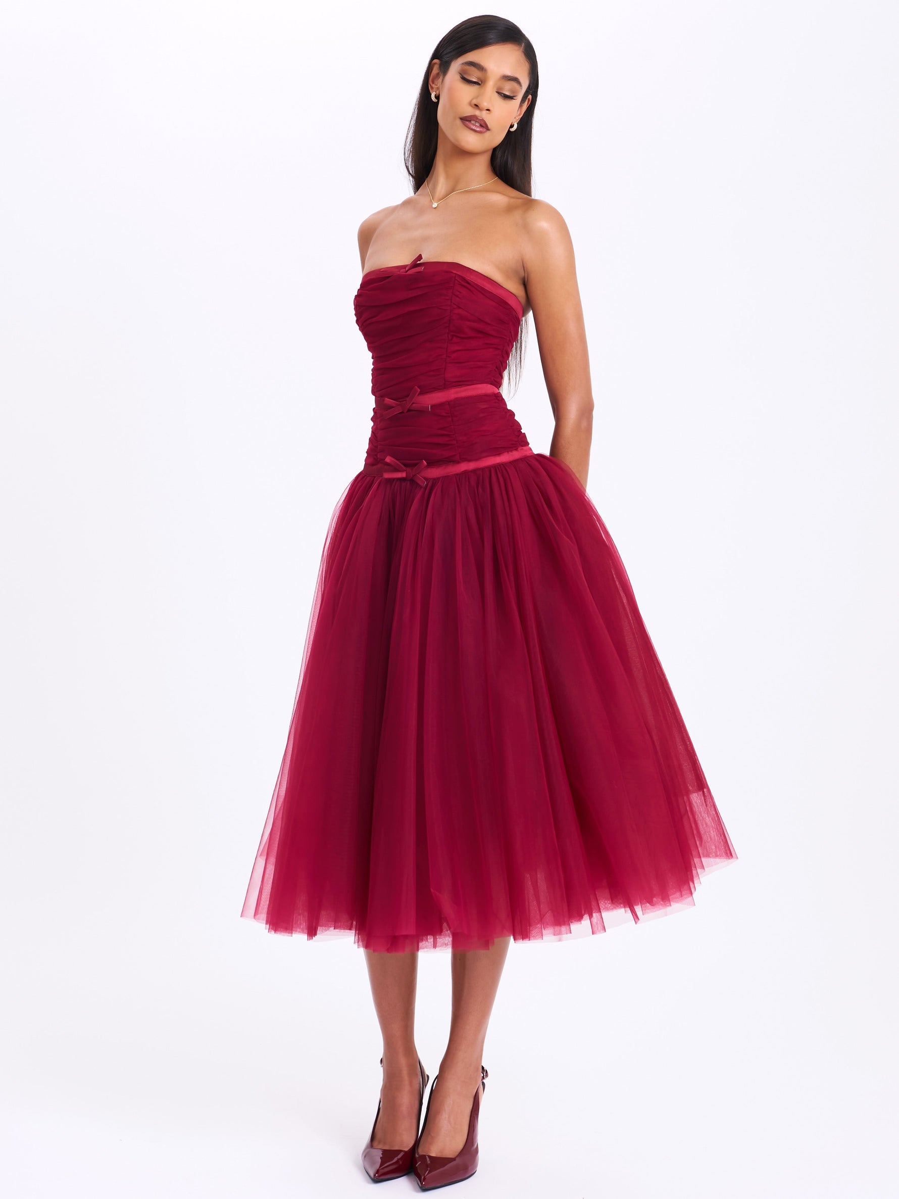 Mabel Burgundy Drop Waist Layered Mesh Midi Puffy Dress with Bow Miss Circle