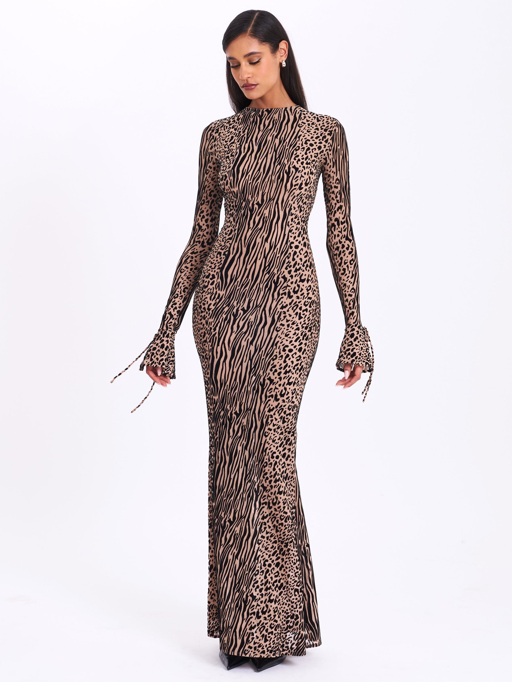 Waylynn Nude Black Animal Print Burnout Velvet Detail Mesh Backless Maxi Dress