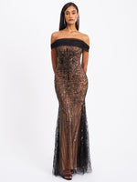 Qeturah Embroidered Sequin Off Shoulder Mesh Gown Miss Circle