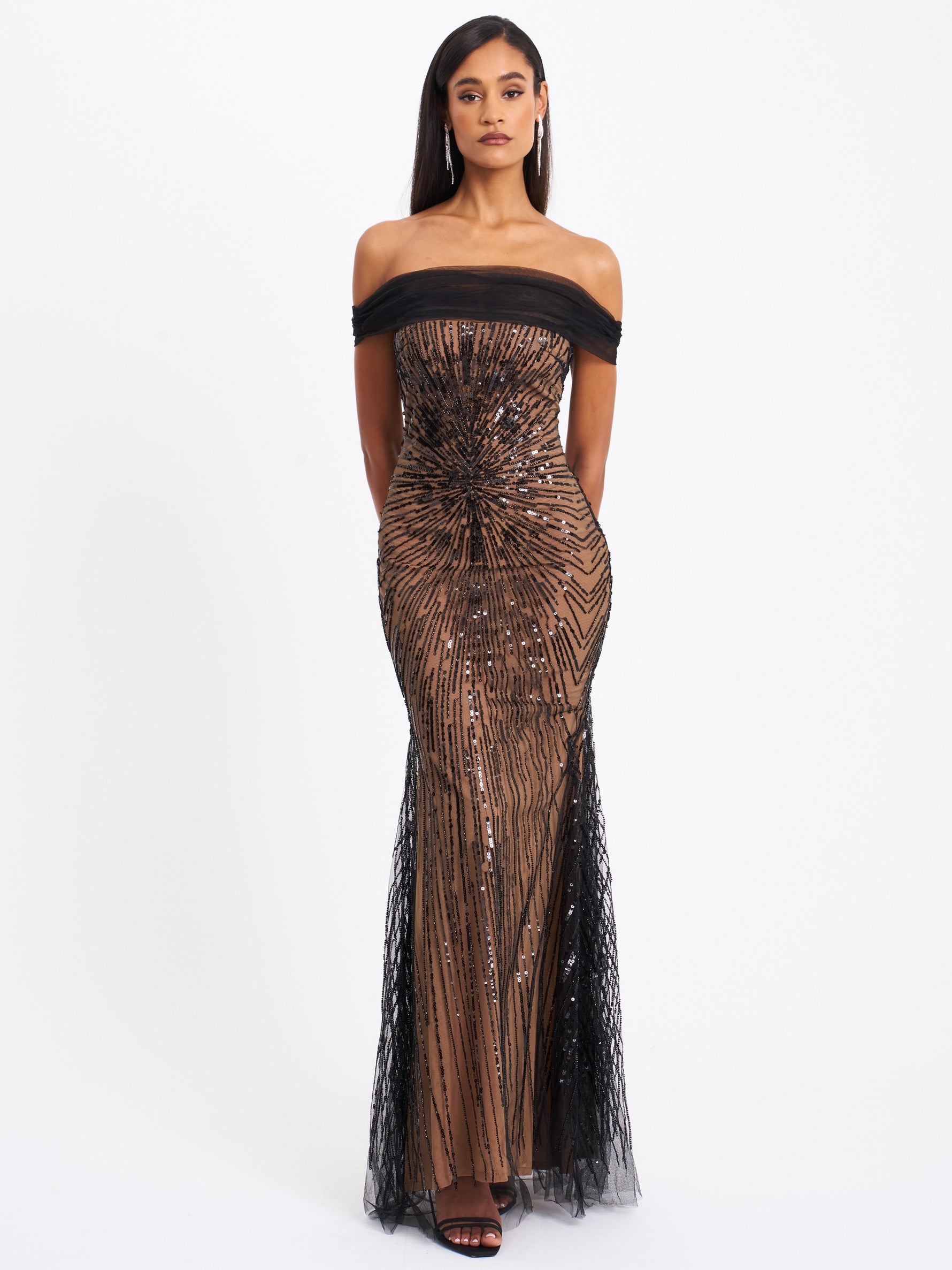 Qeturah Embroidered Sequin Off Shoulder Mesh Gown Miss Circle