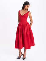Nahla Red Drop Waist Midi Dress with Buttons Miss Circle