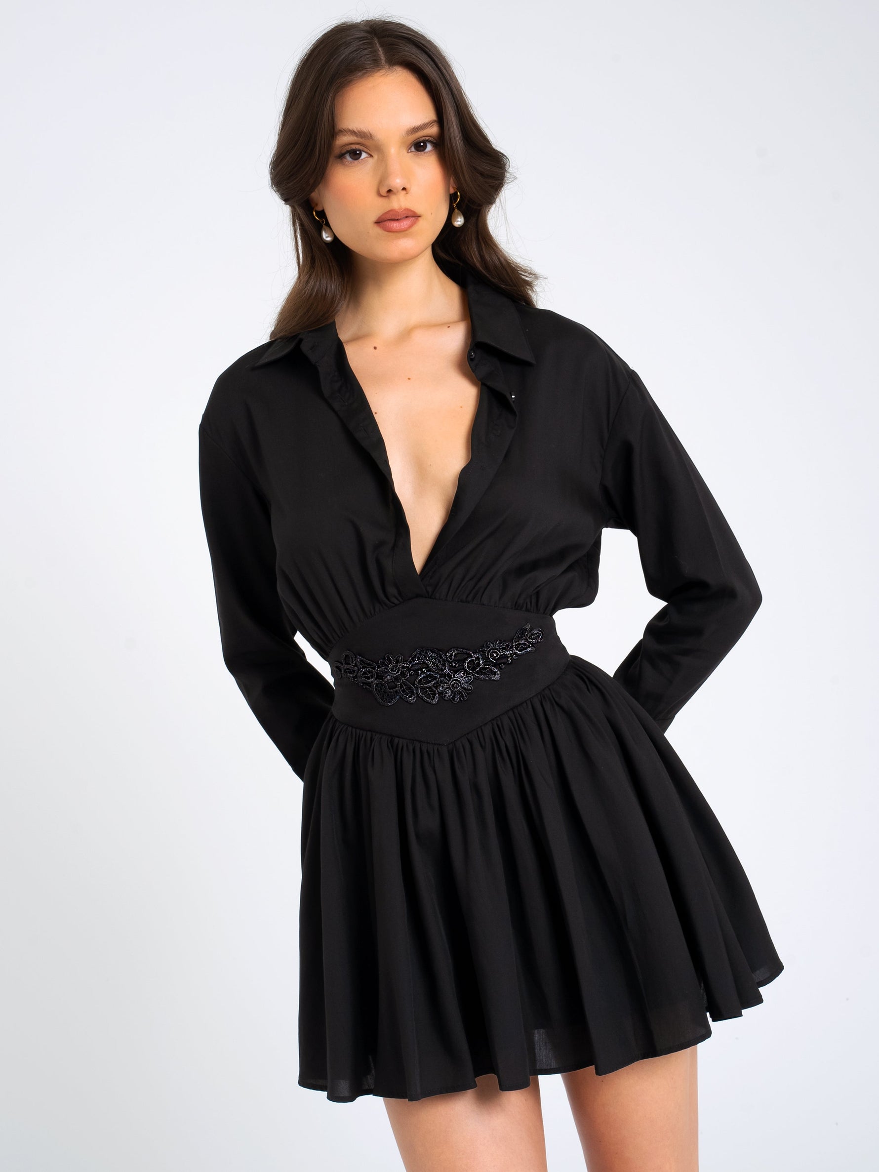 Jamila Black Shirt Mini Dress with Embroidered Waist Detail Miss Circle