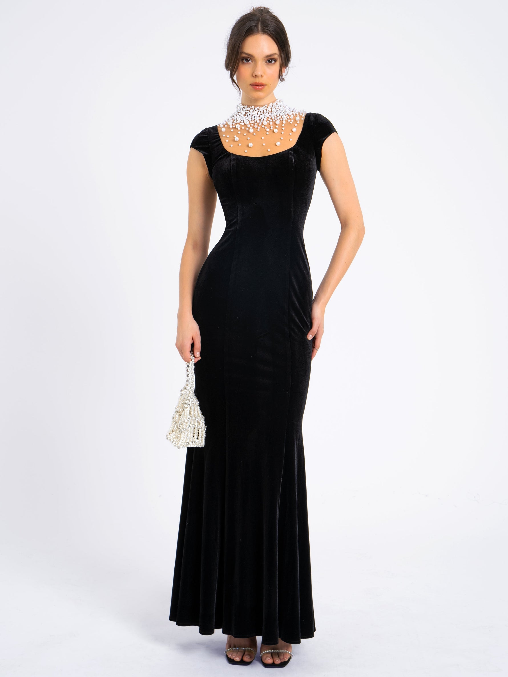 Rachael Black Velvet Pearl Embellished Gown Miss Circle