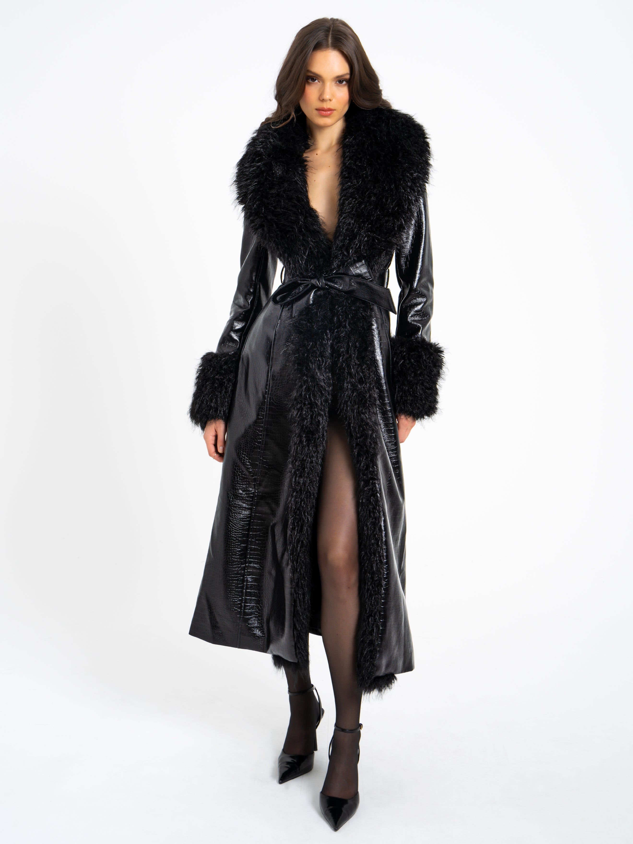 Zella Black Fur Trim Vegan Croc Leather Coat Miss Circle