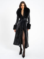 Zella Black Fur Trim Vegan Croc Leather Coat Miss Circle