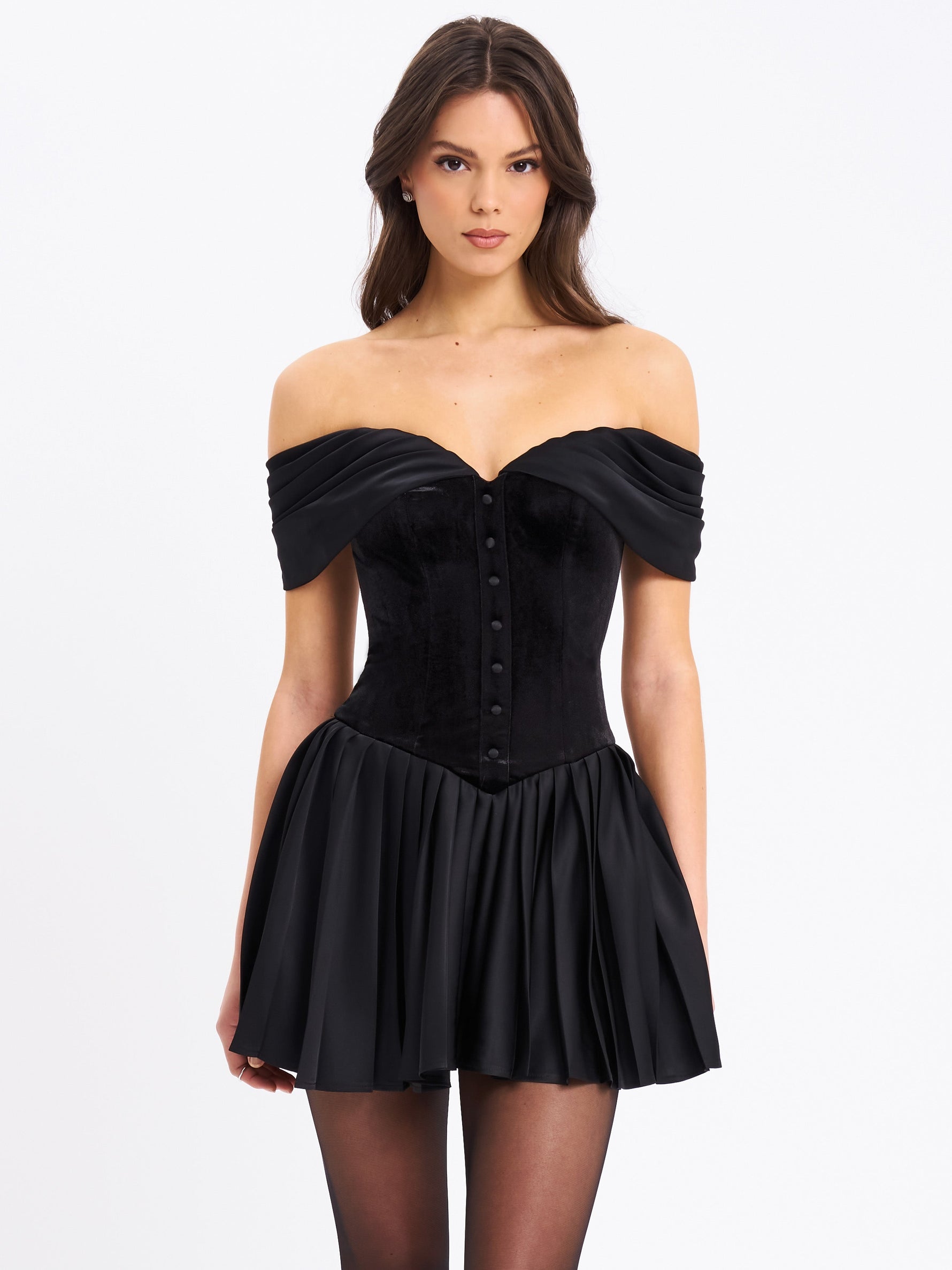 Echo Black Velvet Off-shoulder Pleated Mini Dress Miss Circle