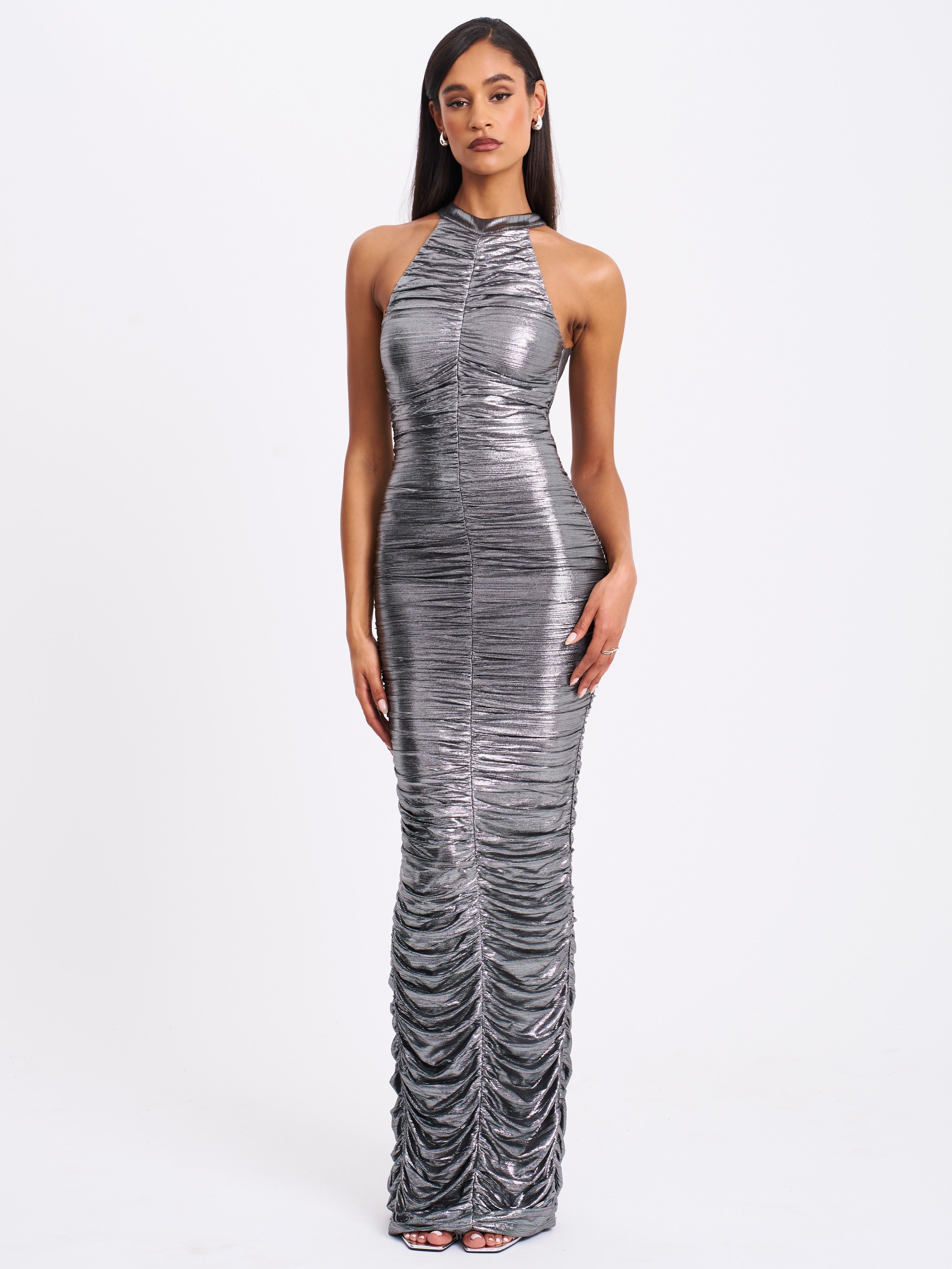 Abril Ruched Silver Glitter Backless Gown Miss Circle