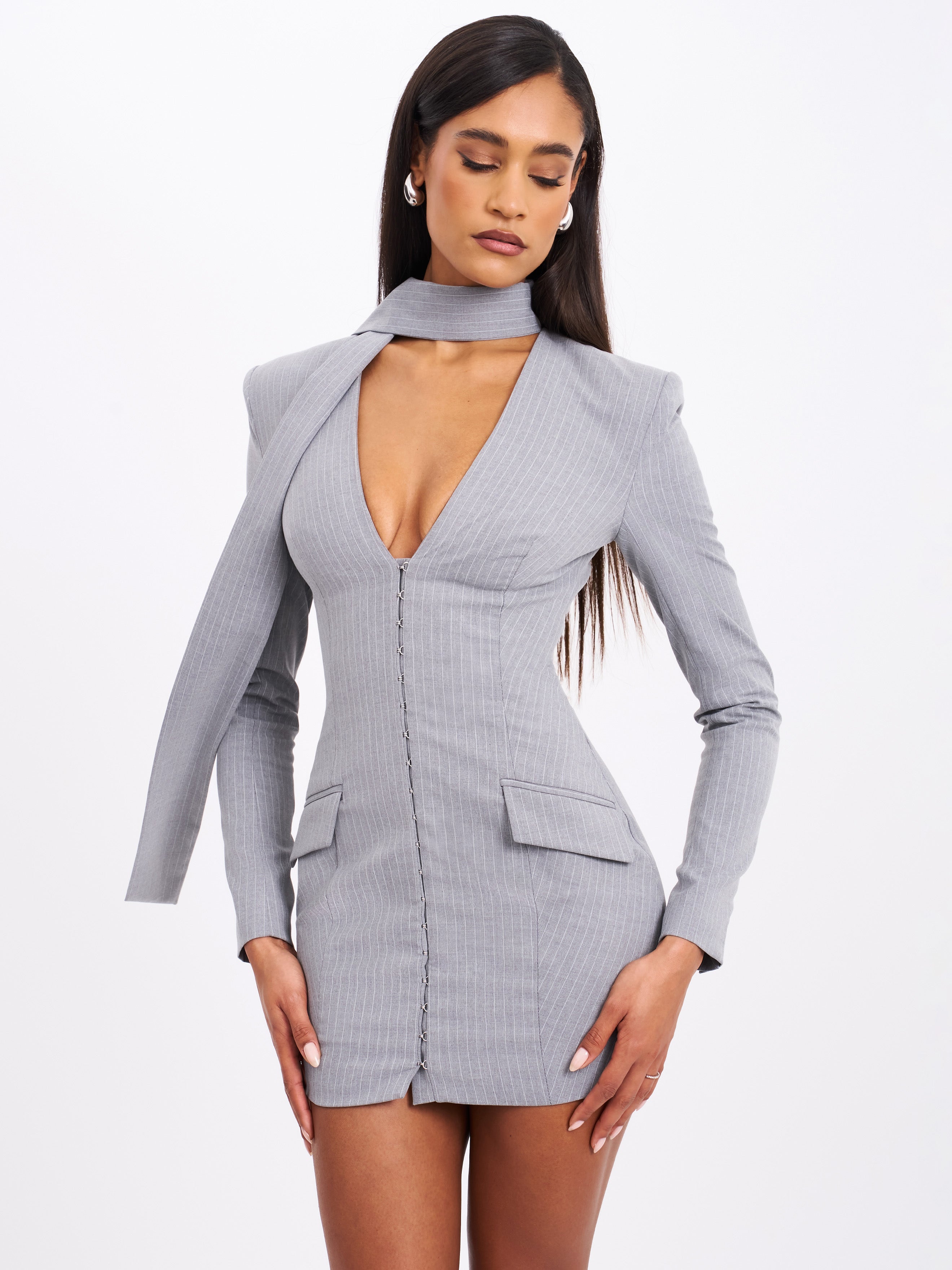 Tahlia Deep V Pinstripes Gray Blazer Dress with scarf collar Miss Circle