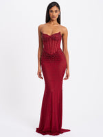 Fatima Burgundy Crystal Sleeveless Corset Mermaid Maxi Dress Miss Circle