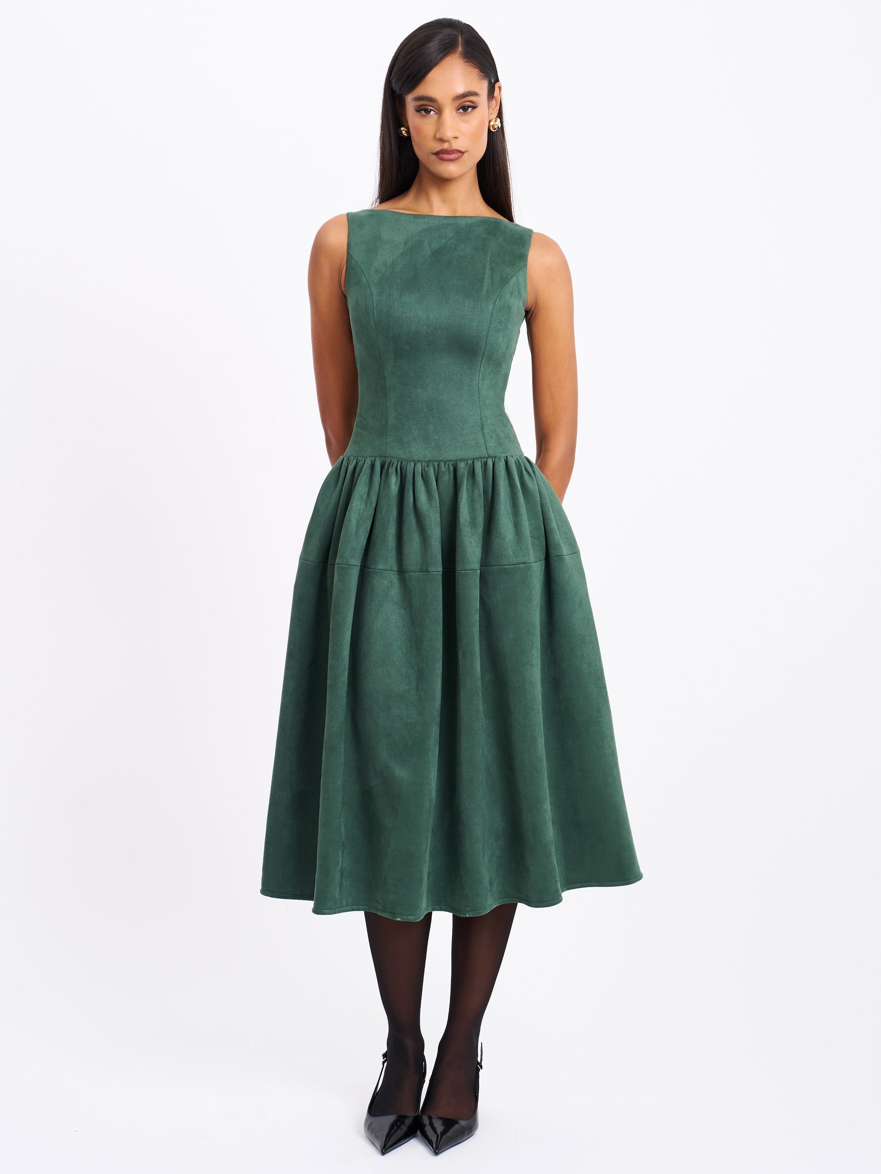 Laila Green Suede Boat Neck Backless Midi Dress
