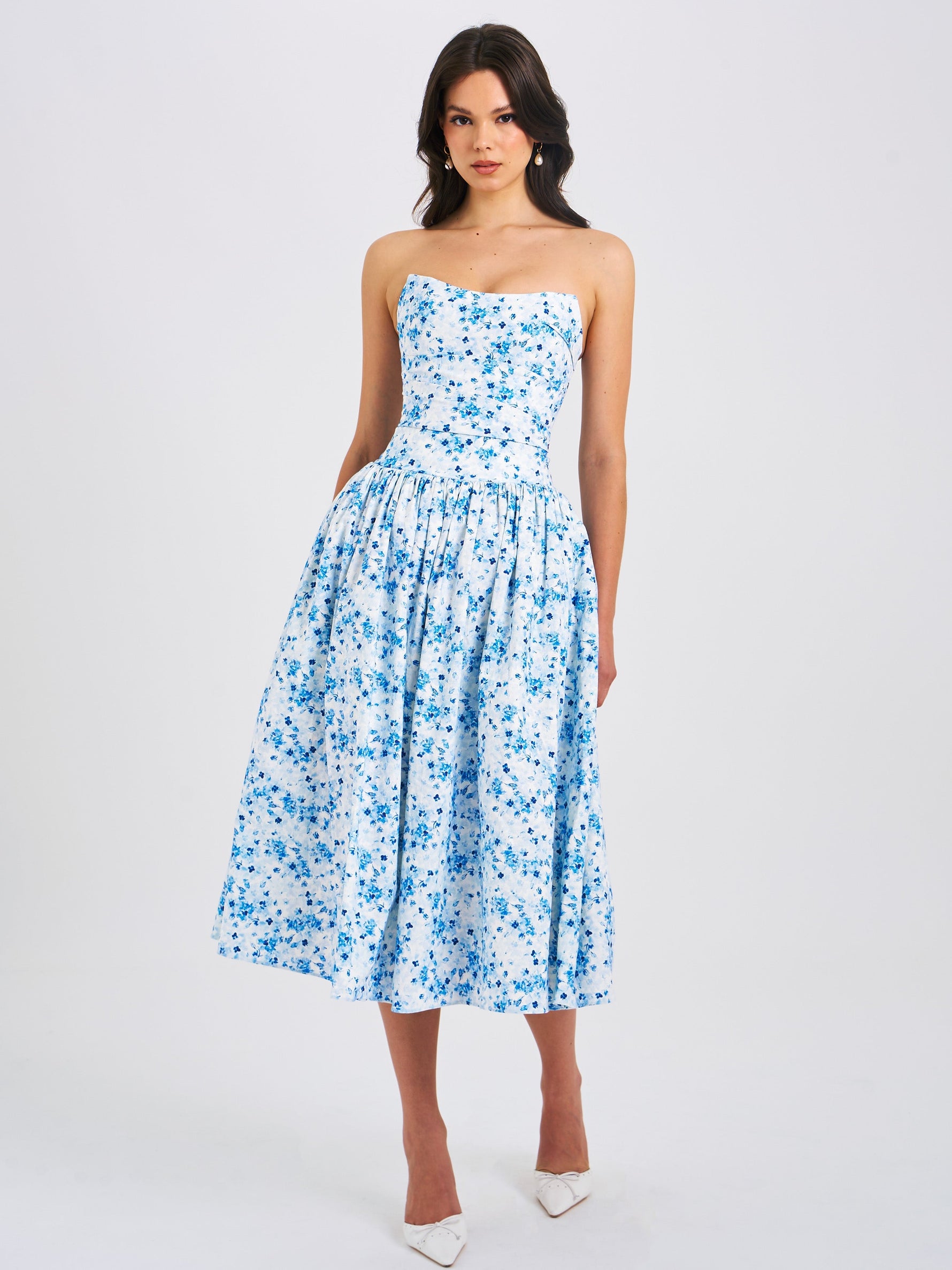 Paloma Blue Print Linen Corset Draping Top Midi Dress Miss Circle