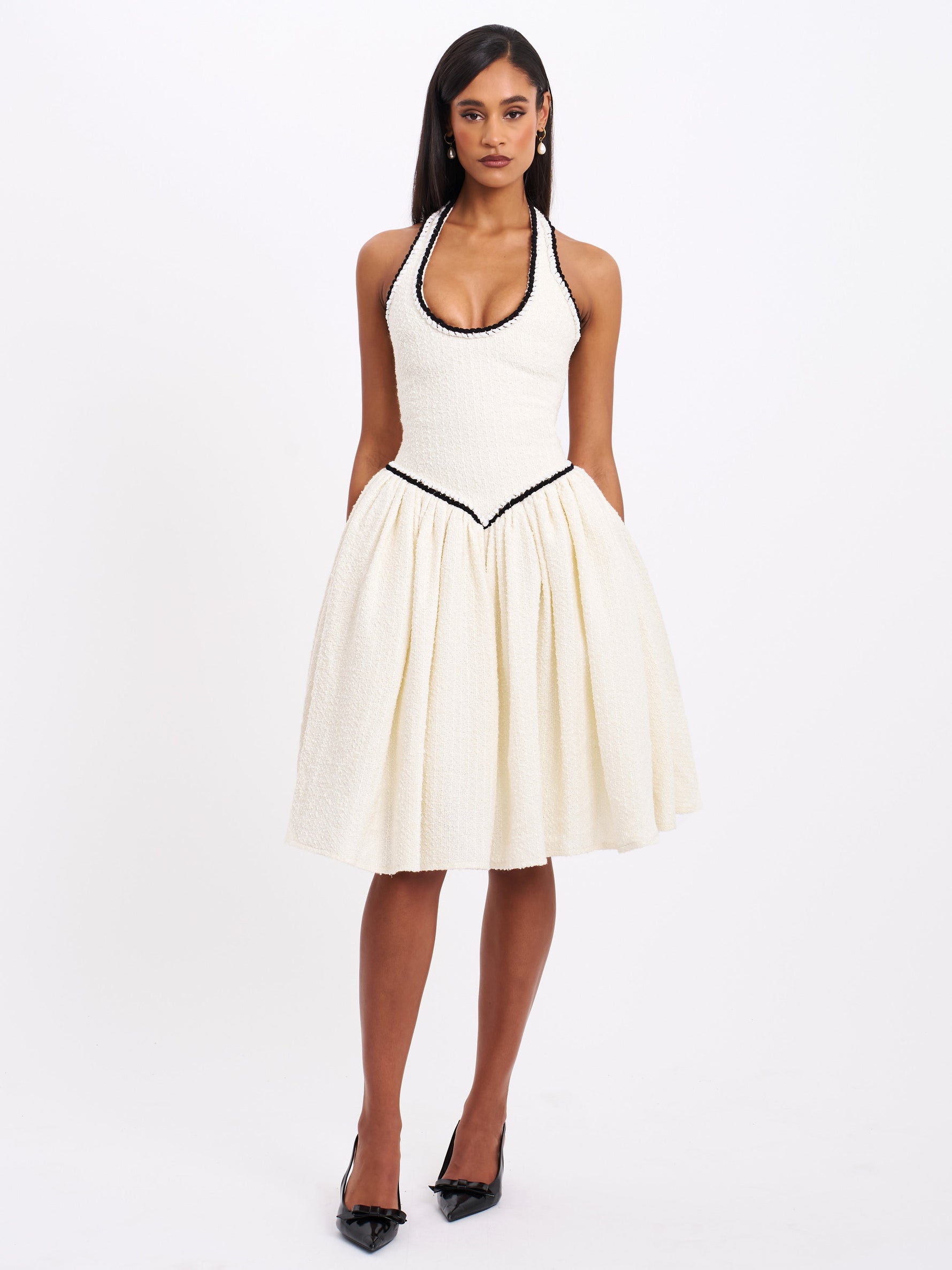 Natalie U Neck Halter Drop Waist Tweed Midi Dress Miss Circle