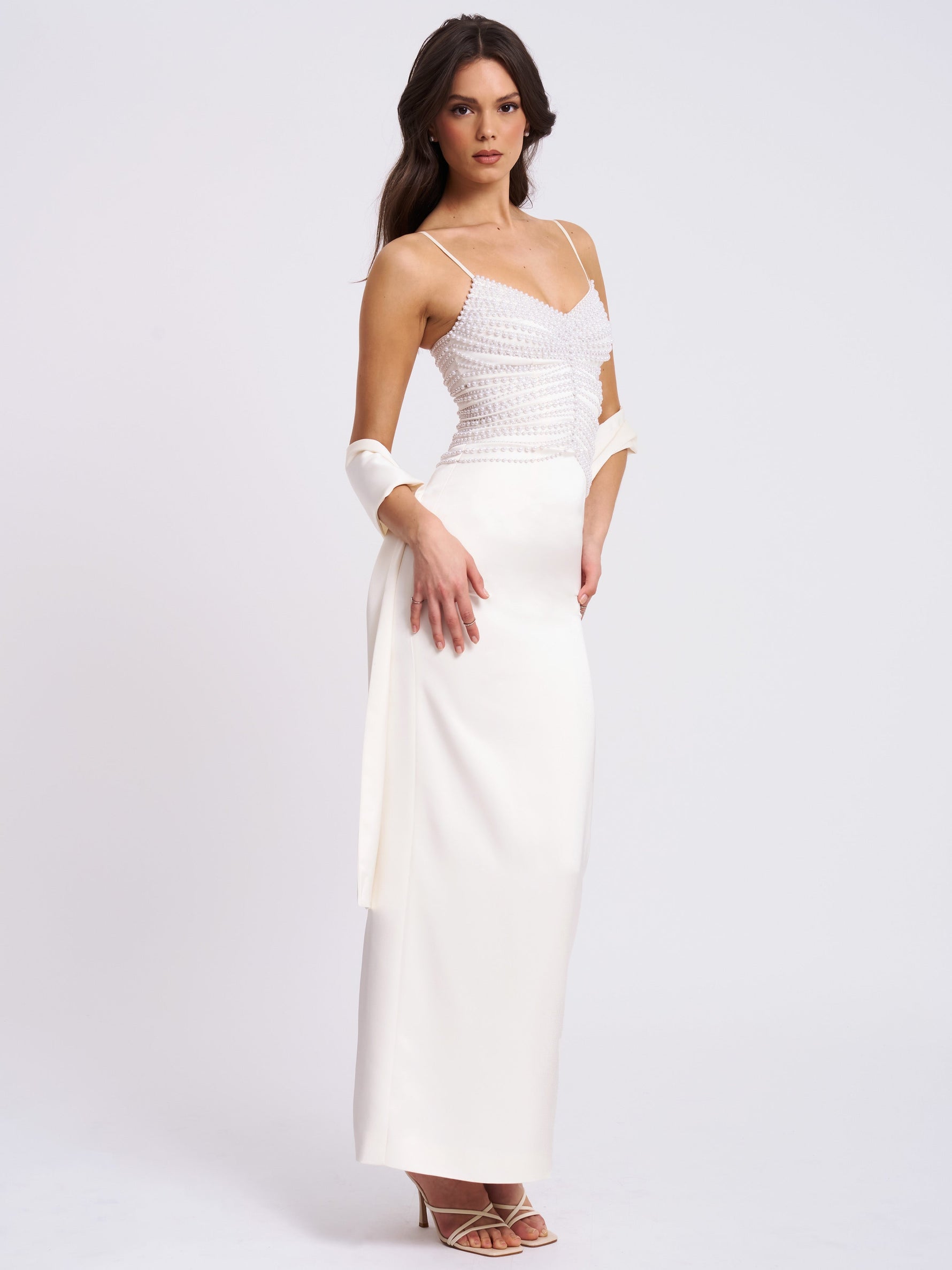 Karmen Pearl Top Pencil Slip Gown with Scarf Miss Circle