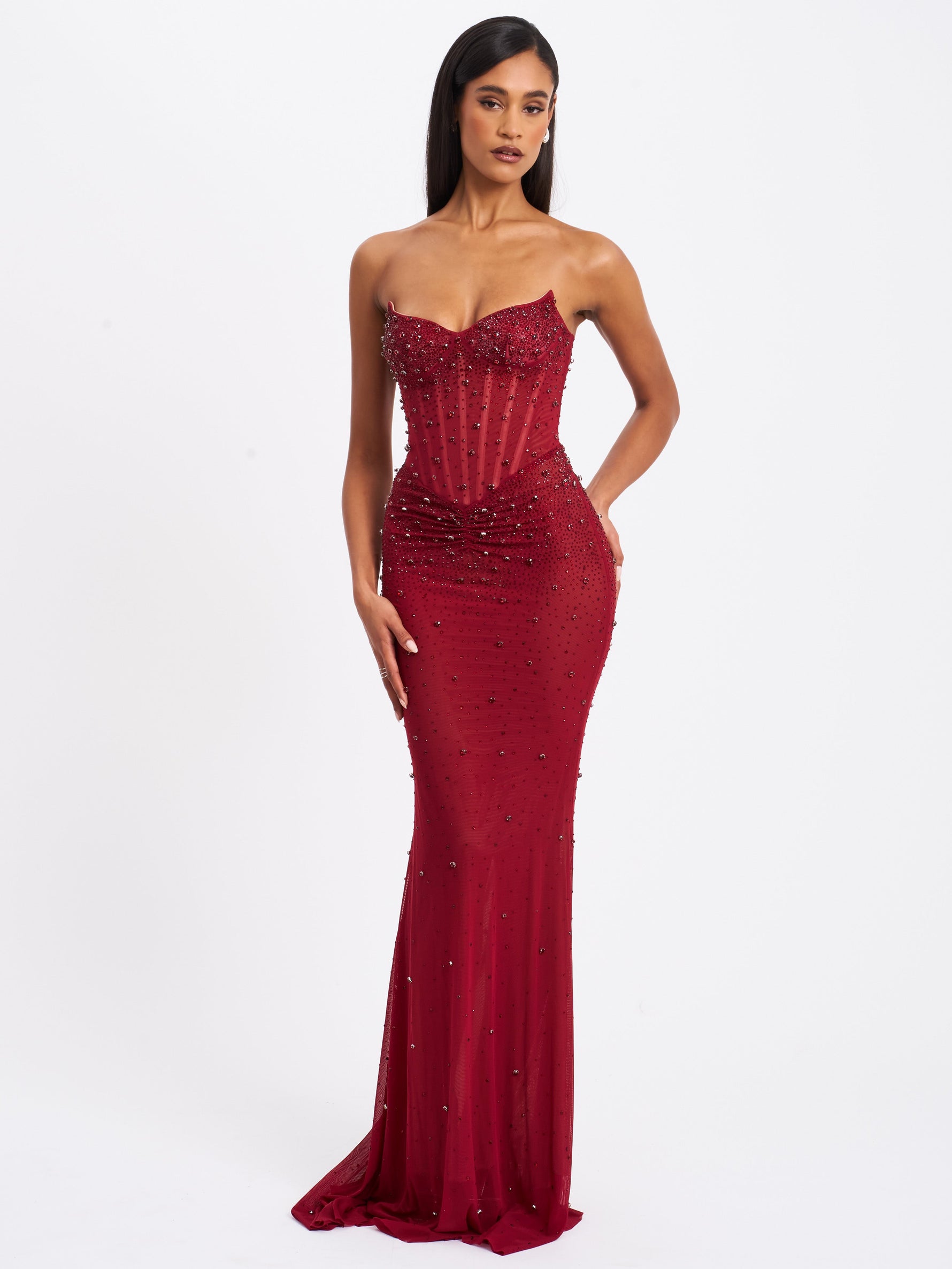 Fatima Burgundy Crystal Sleeveless Corset Mermaid Maxi Dress Miss Circle