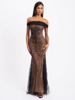 Qeturah Embroidered Sequin Off Shoulder Mesh Gown Miss Circle