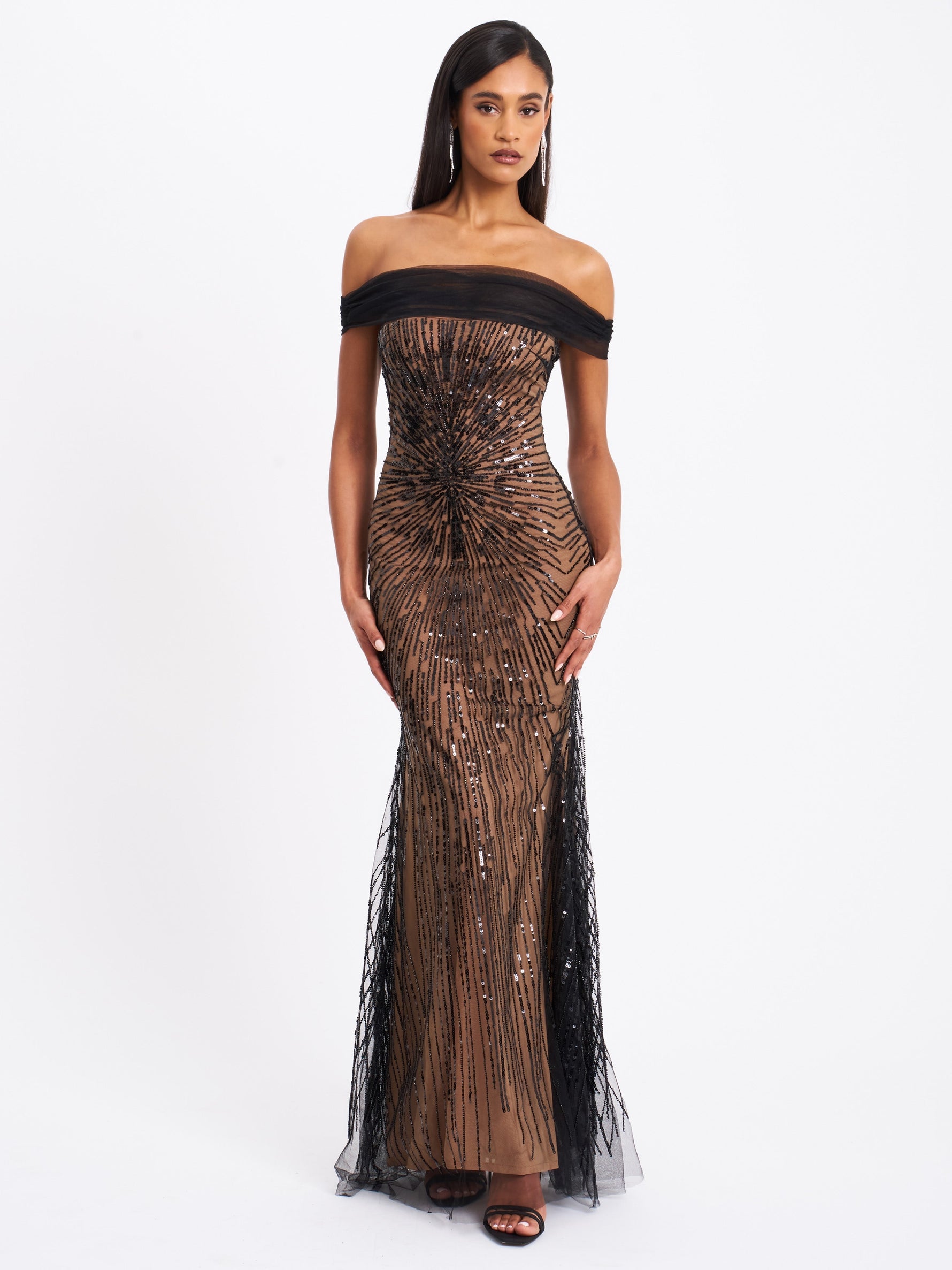 Qeturah Embroidered Sequin Off Shoulder Mesh Gown Miss Circle