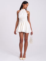Idalia Pearl White Beaded Lace Trim Backless Halter Mini Dress Miss Circle