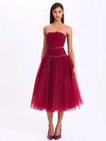 Mabel Burgundy Drop Waist Layered Mesh Midi Puffy Dress with Bow Miss Circle