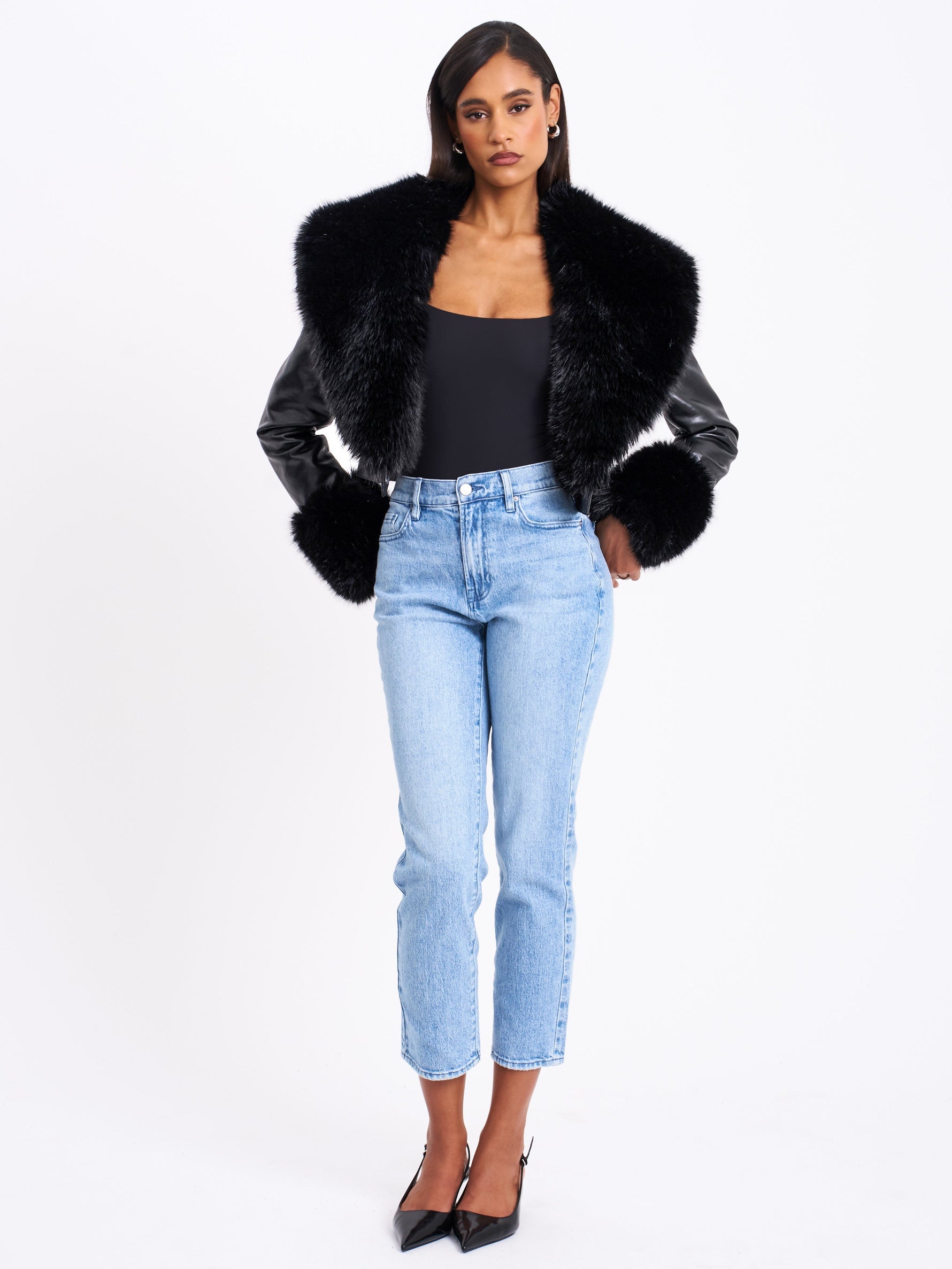 Ziah Cropped Leather Jacket with Fur Collar Miss Circle