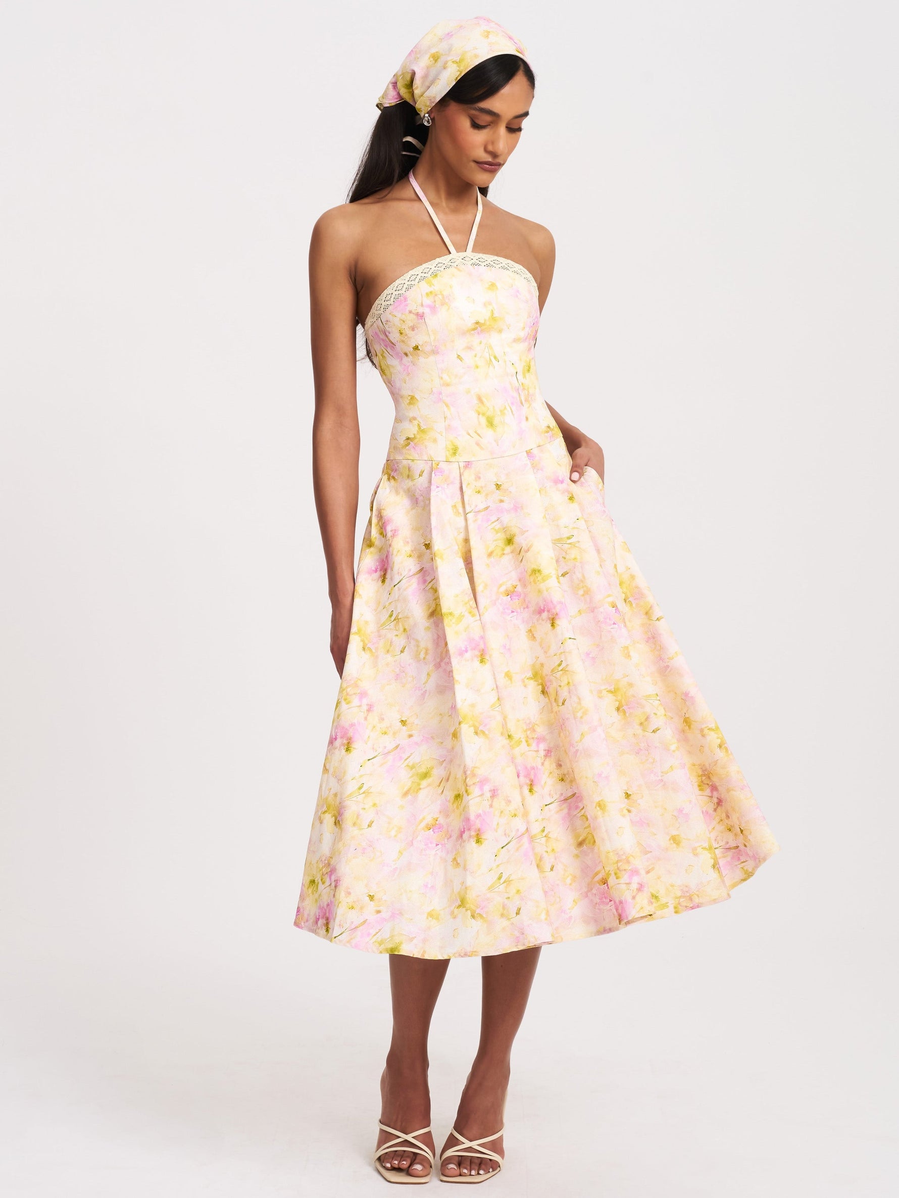 Zaina Yellow Pink Floral Print Lace Trim Linen Midi Dress