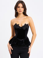 Qiara Black Velvet Peplum Top with Lace Trim Miss Circle