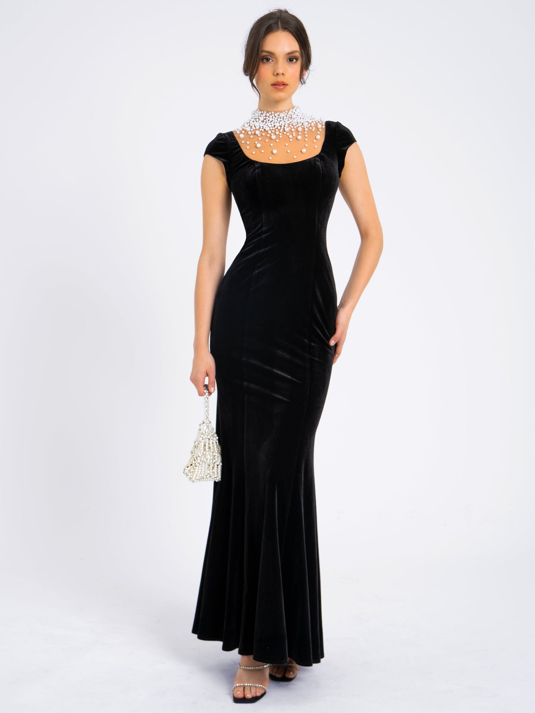 Rachael Black Velvet Pearl Embellished Gown Miss Circle