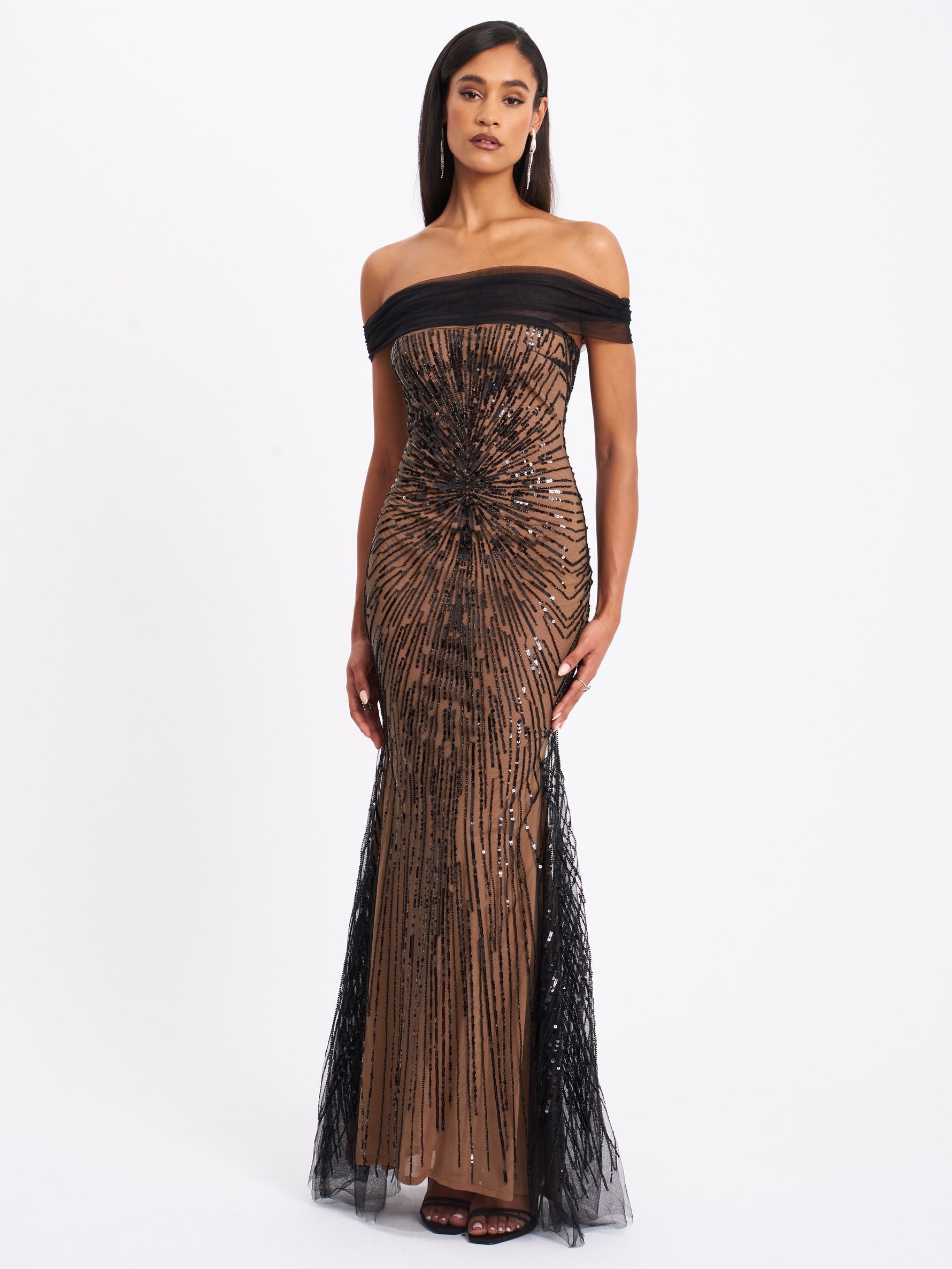 Qeturah Embroidered Sequin Off Shoulder Mesh Gown Miss Circle