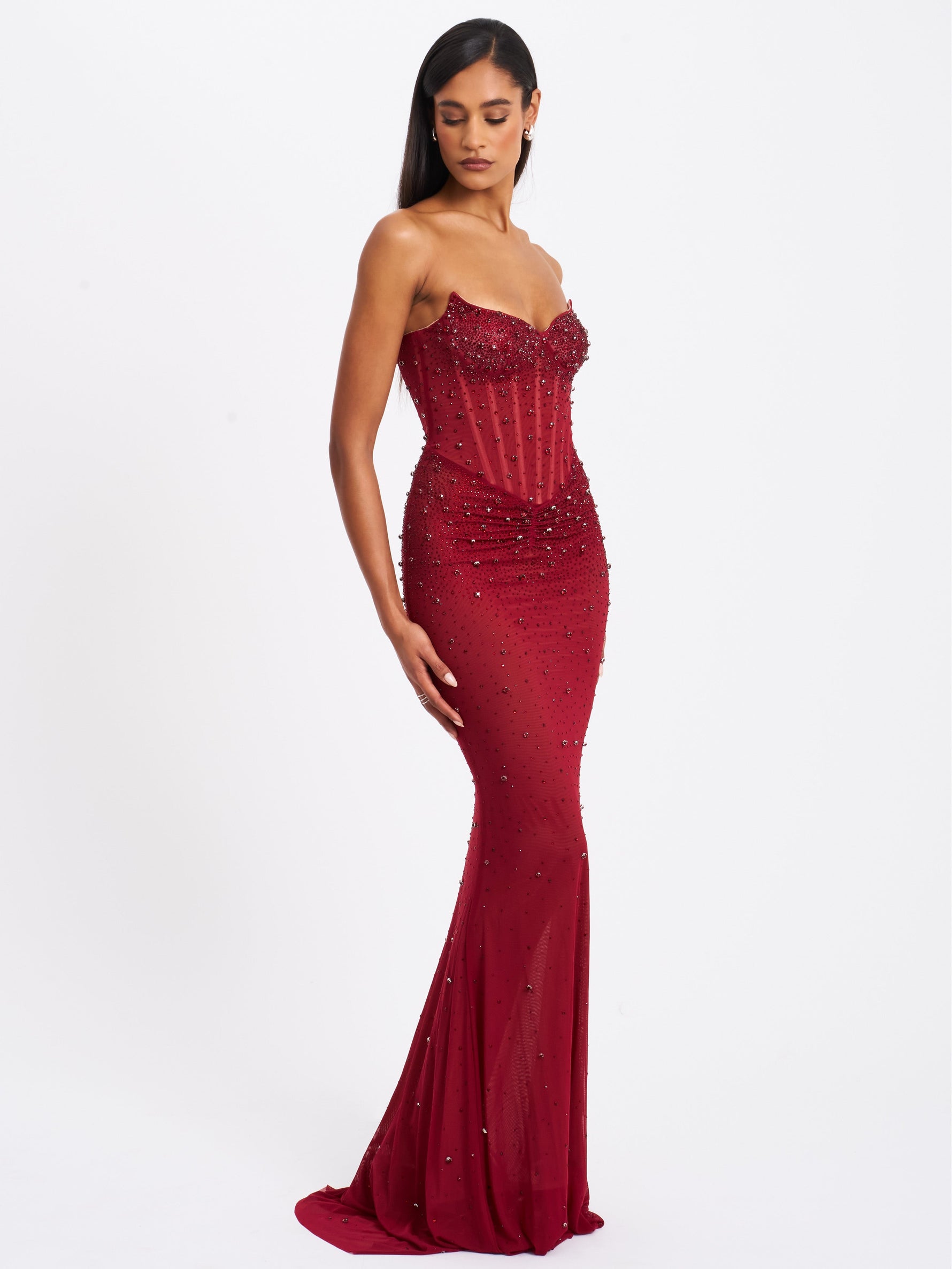 Fatima Burgundy Crystal Sleeveless Corset Mermaid Maxi Dress Miss Circle