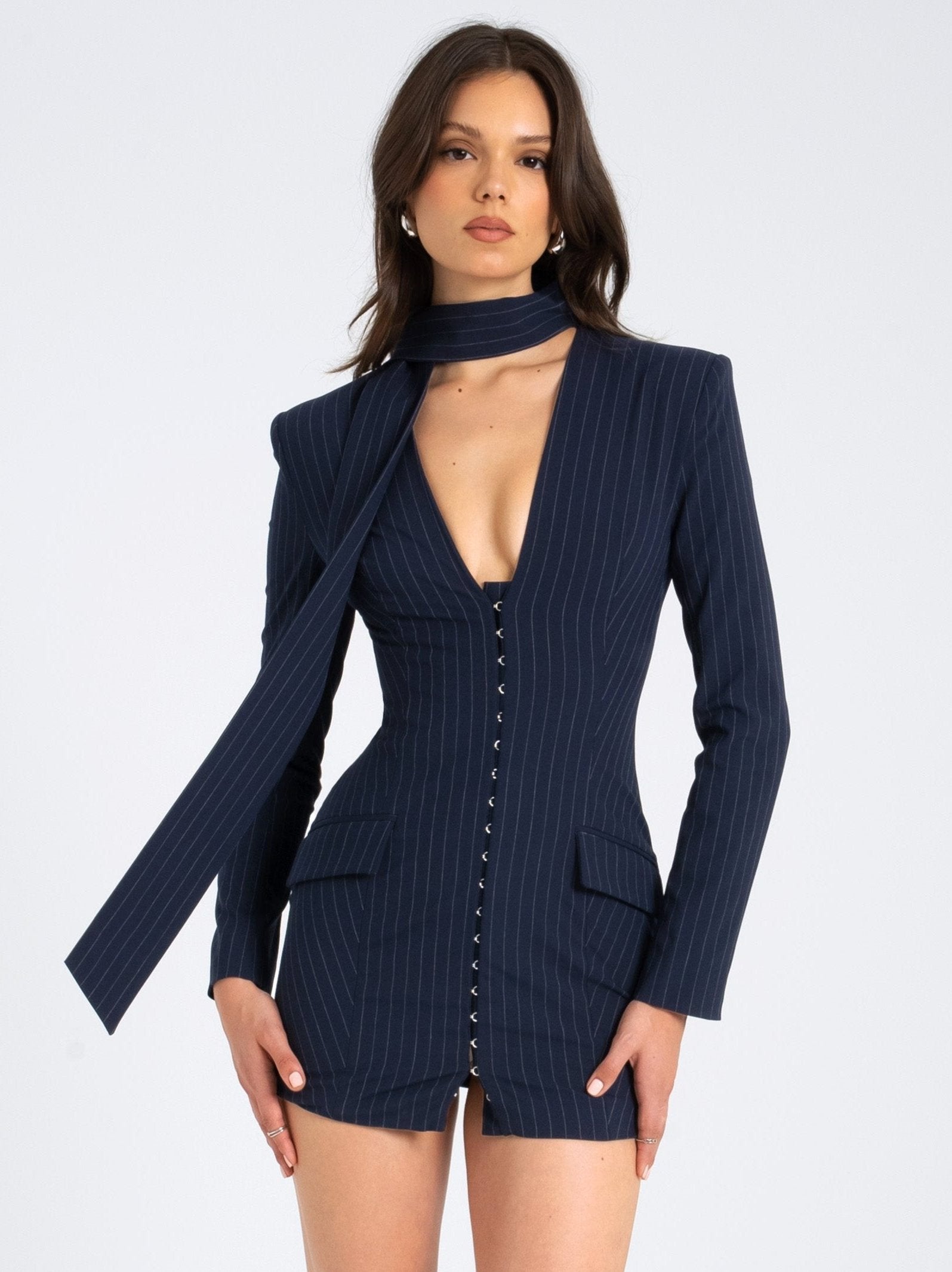 Tahlia Deep V Pinstripes Navy Blue Blazer Dress with scarf collar Miss Circle