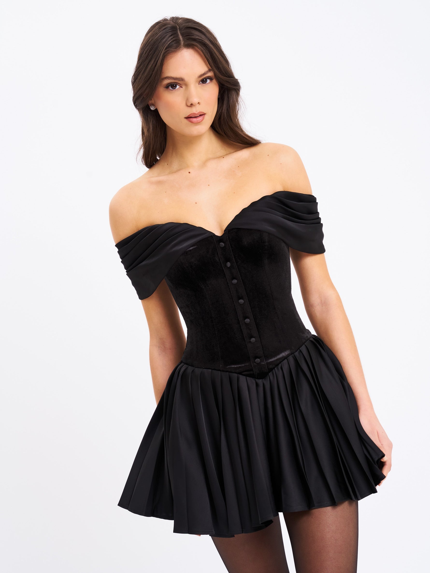 Echo Black Velvet Off-shoulder Pleated Mini Dress Miss Circle
