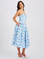 Paloma Blue Print Linen Corset Draping Top Midi Dress Miss Circle