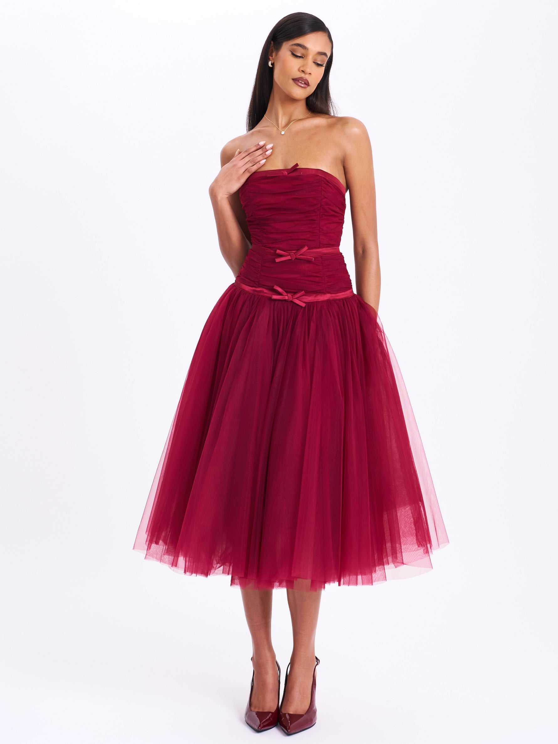 Mabel Burgundy Drop Waist Layered Mesh Midi Puffy Dress with Bow Miss Circle