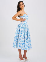 Paloma Blue Print Linen Corset Draping Top Midi Dress Miss Circle