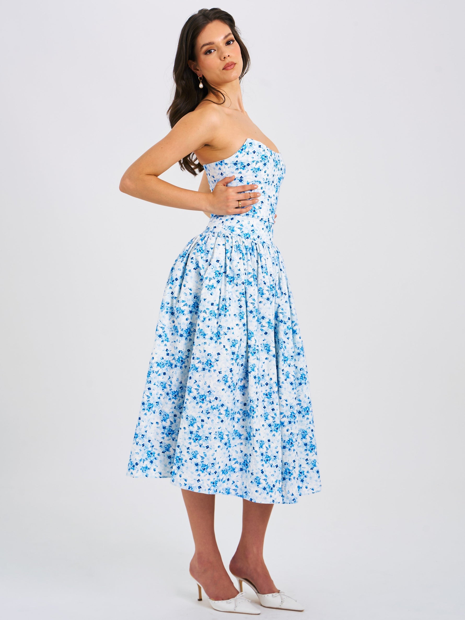 Paloma Blue Print Linen Corset Draping Top Midi Dress Miss Circle