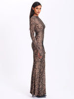 Waylynn Nude Black Animal Print Burnout Velvet Detail Mesh Backless Maxi Dress