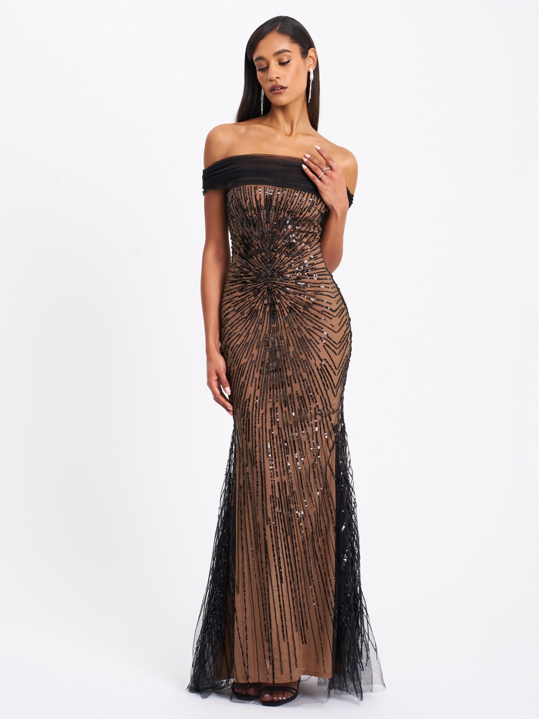 Qeturah Embroidered Sequin Off Shoulder Mesh Gown Miss Circle