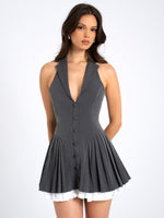 Hazel Grey Preppy Halter Neck Pleated Mini Dress Miss Circle