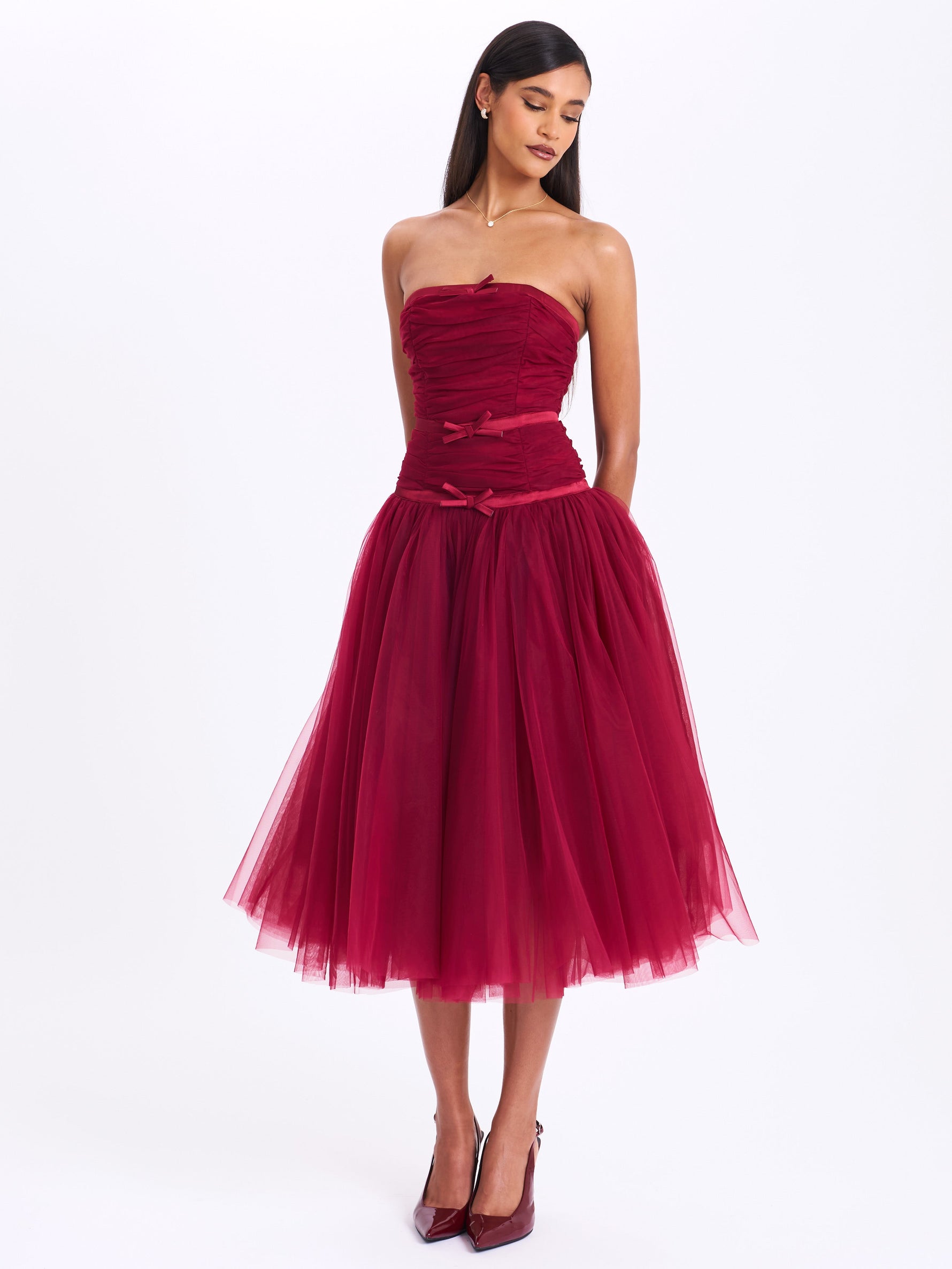 Mabel Burgundy Drop Waist Layered Mesh Midi Puffy Dress with Bow Miss Circle