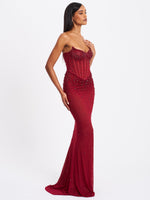 Fatima Burgundy Crystal Sleeveless Corset Mermaid Maxi Dress Miss Circle