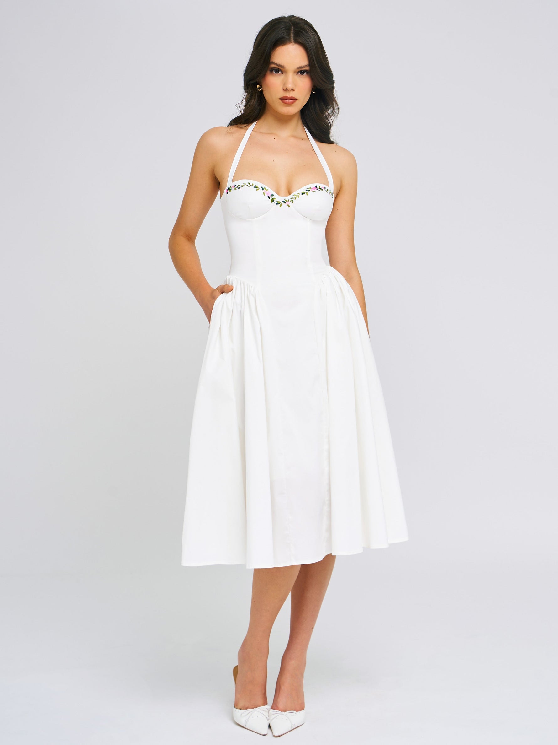 Gianna White Embroidered Halter Maxi Dress Miss Circle