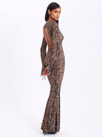 Waylynn Nude Black Animal Print Burnout Velvet Detail Mesh Backless Maxi Dress