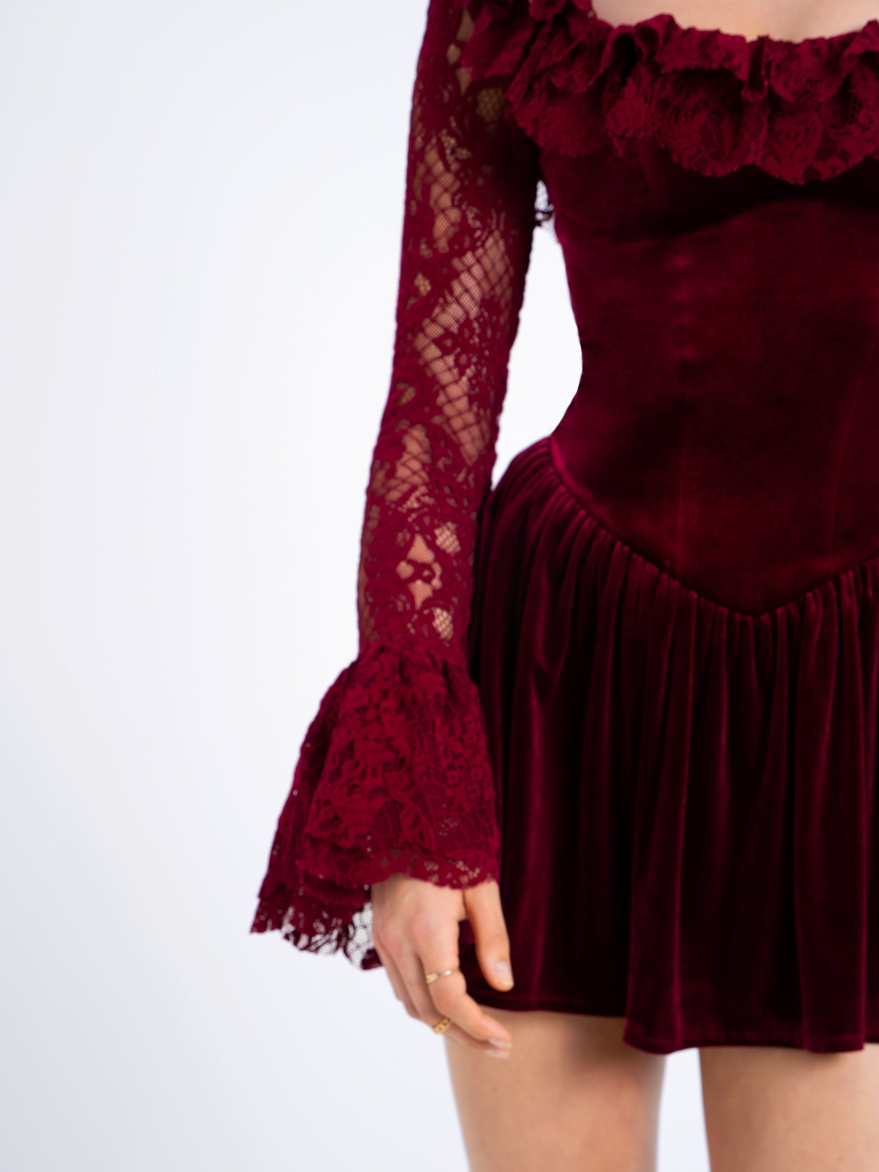 Yachira Burgundy Velvet Lace Flare Sleeve Mini Dress