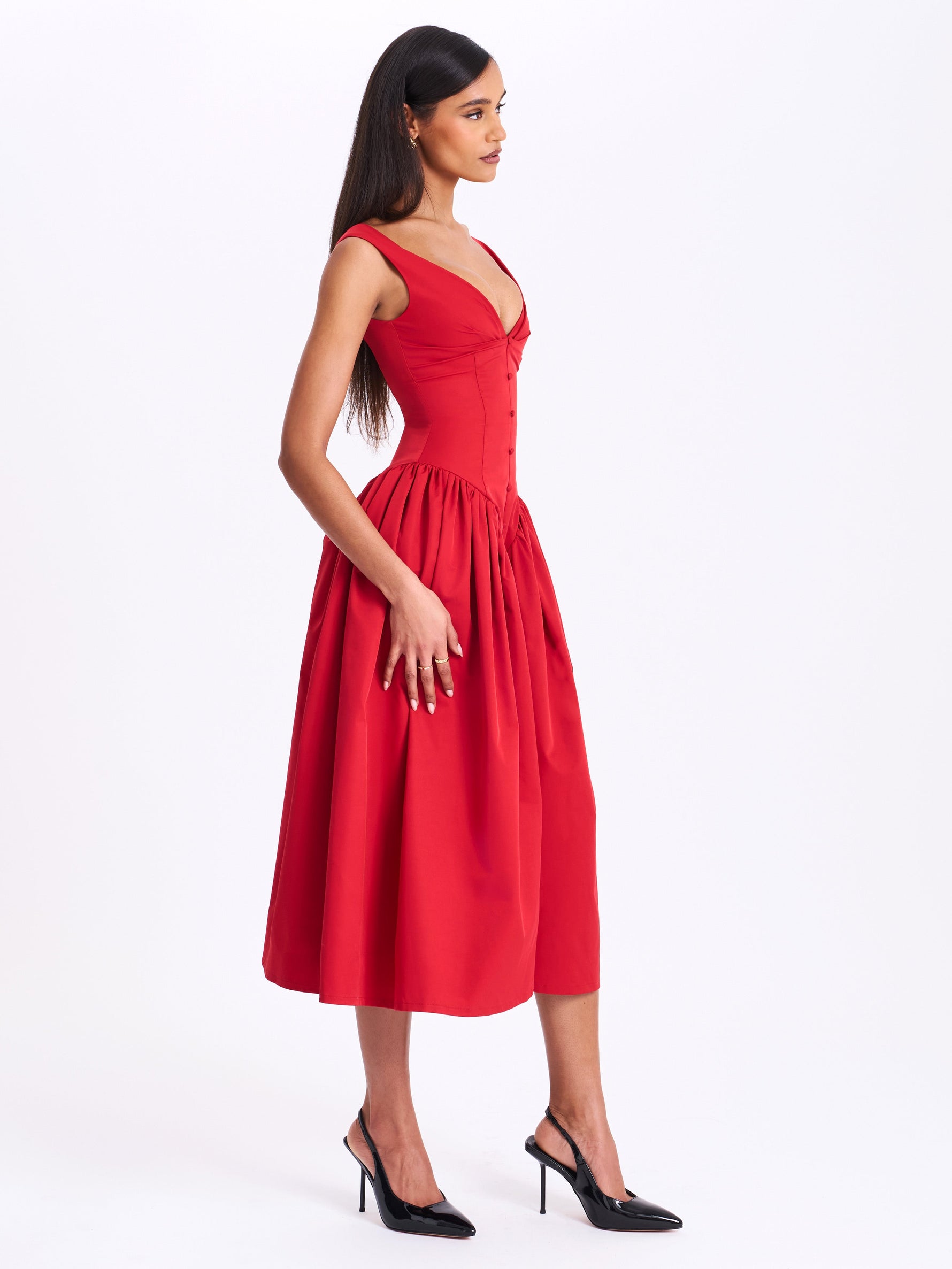 Nahla Red Drop Waist Midi Dress with Buttons Miss Circle