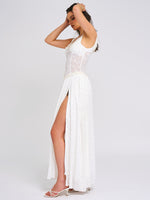 Ulissa White Square Neck Jacquard Textured High Slit Maxi Dress Miss Circle
