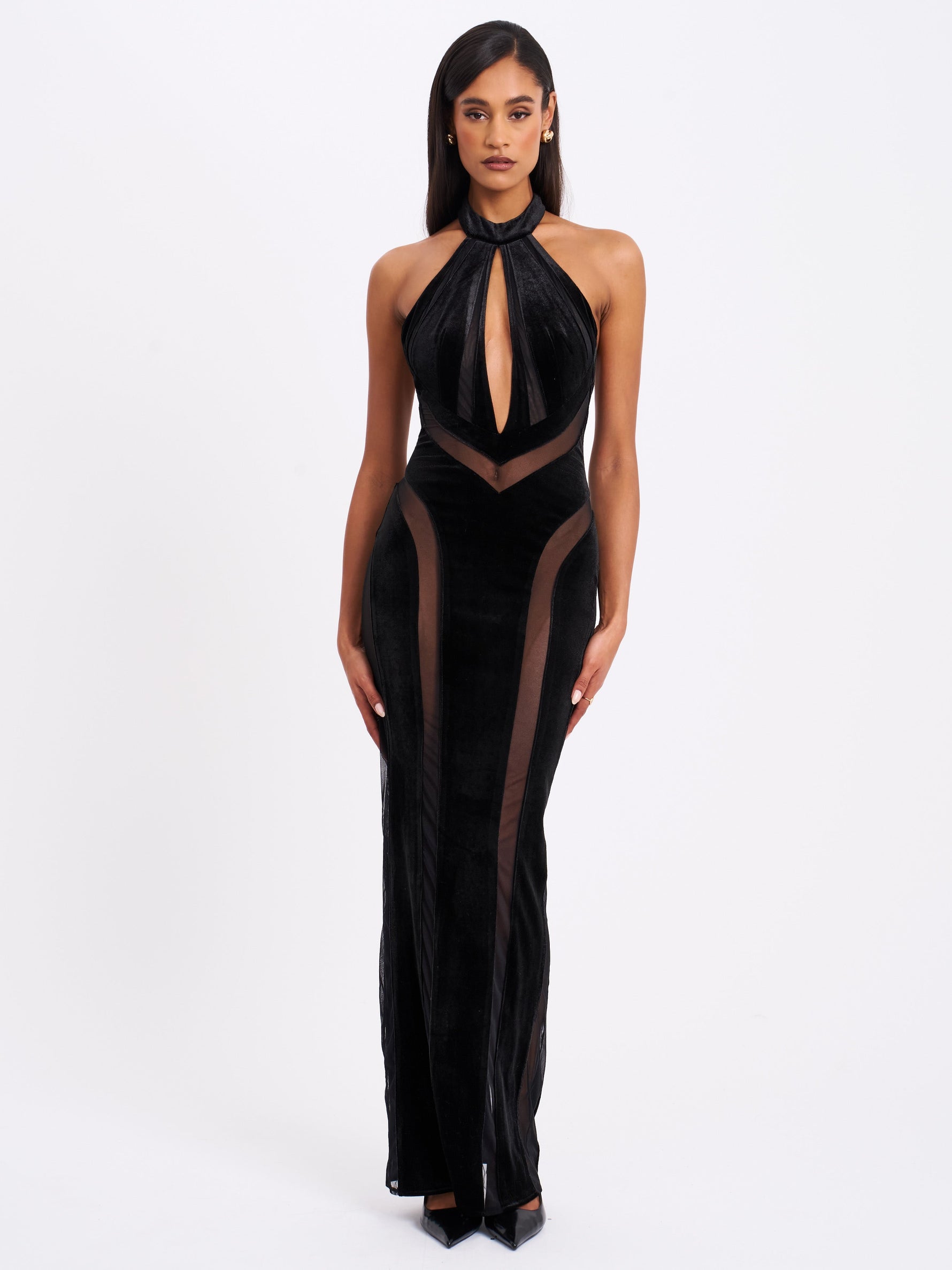 Paityn Black Velvet Mesh Cutout Halter Gown Miss Circle
